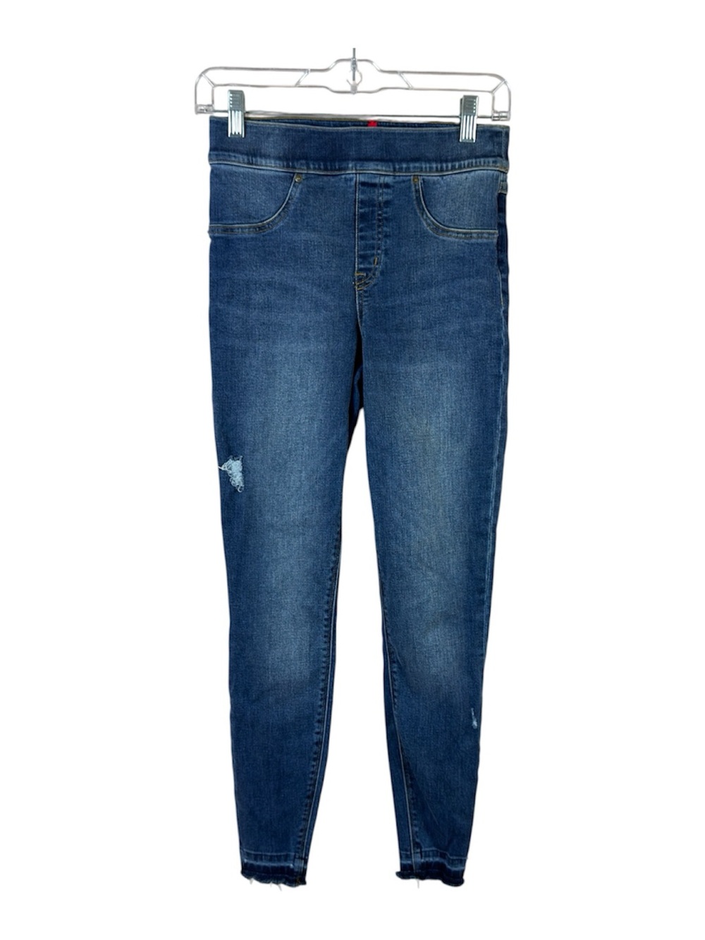 Spanx womens size S dark wash raw hem pull on distressed high rise skinny jeans